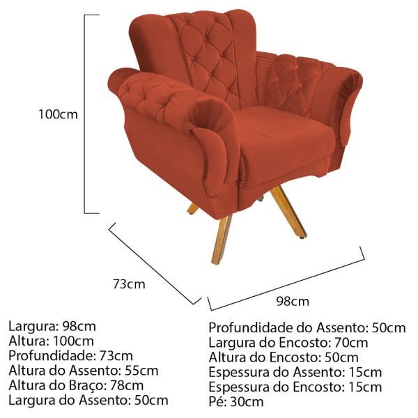 Kit 2 Poltronas Base Giratória de Madeira e 1 Namoradeira Berlim Suede Terracota - Doce Sonho M - 4