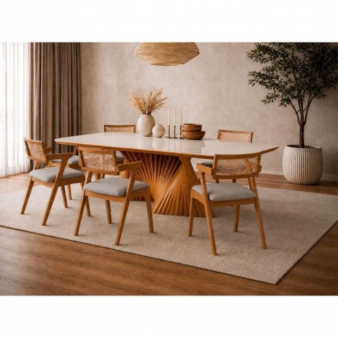 Conjunto de Jantar Opala 6 Lugares Tampo em Vidro Café 180cm Sala Nobre