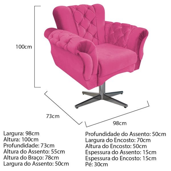 Kit 2 Poltronas e 1 Puff Berlim Base Giratória de Metal Suede Pink - Doce Sonho Móveis - 4