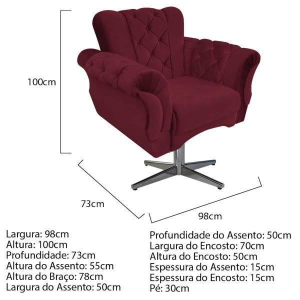 Kit 4 Poltronas Berlim Base Giratória de Metal Suede Bordô - Doce Sonho Móveis - 4