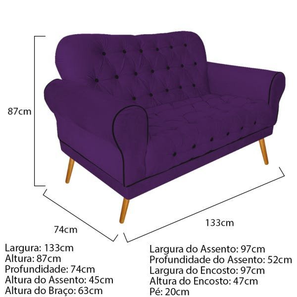 Kit 2 Poltronas e 1 Namoradeira Decorativa Mariana Suede Roxo - Doce Sonho Móveis - 5