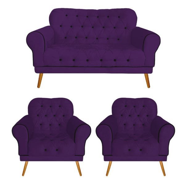 Kit 2 Poltronas e 1 Namoradeira Decorativa Mariana Suede Roxo - Doce Sonho Móveis - 1