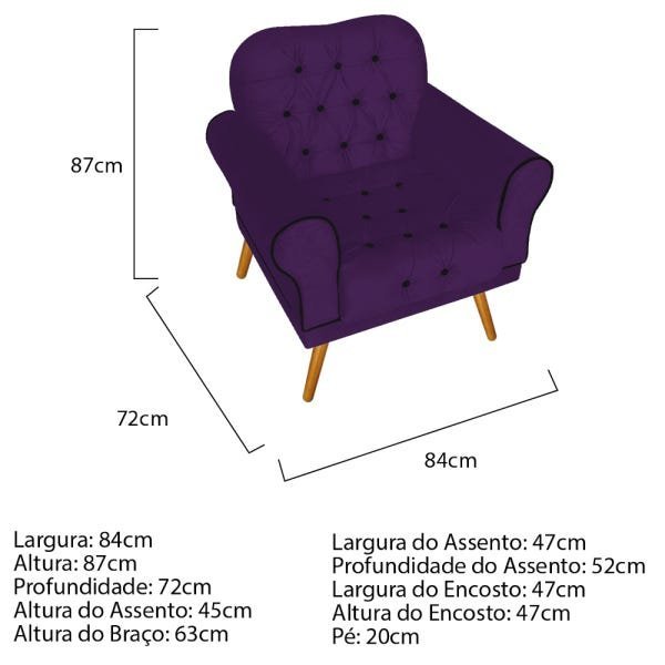 Kit 2 Poltronas e 1 Namoradeira Decorativa Mariana Suede Roxo - Doce Sonho Móveis - 4