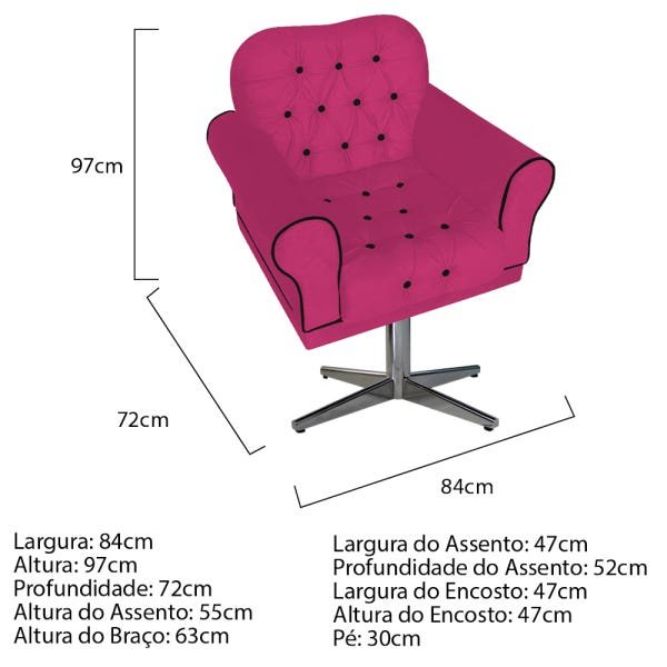 Kit 3 Poltronas Mariana Base Giratória de Metal Suede Pink - Doce Sonho Móveis - 3