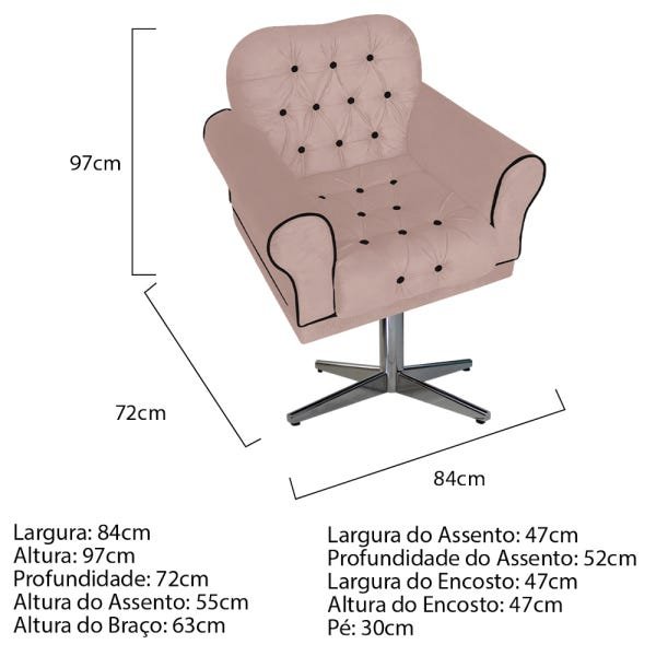 Kit 3 Poltronas Mariana Base Giratória de Metal Suede Rosê - Doce Sonho Móveis - 3