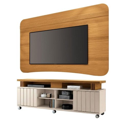 Rack Bancada Alpha com Painel Psy para TV até 80 Polegadas 1,80m Ripado Madeirado-Off White