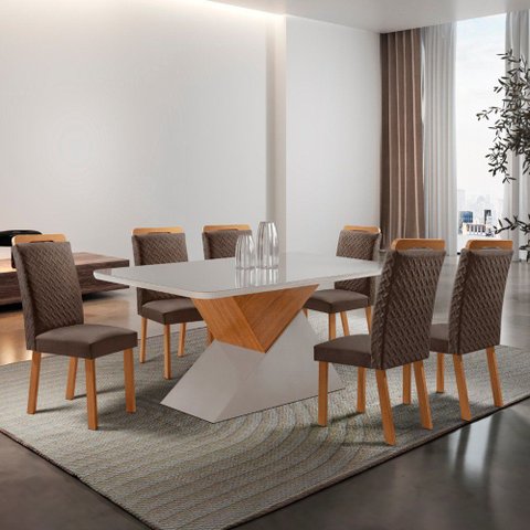 Mesa de Jantar Aster 180cm Tampo MDF Vidro Canto Copo com 6 Cadeiras Aline
