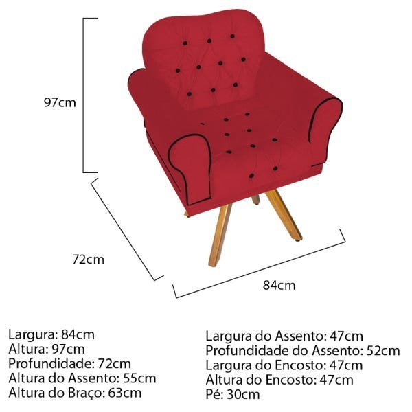 Kit Poltrona, Namoradeira e Puff Mariana Base Giratória de Madeira Suede Vermelho - Amarena Mó - 5