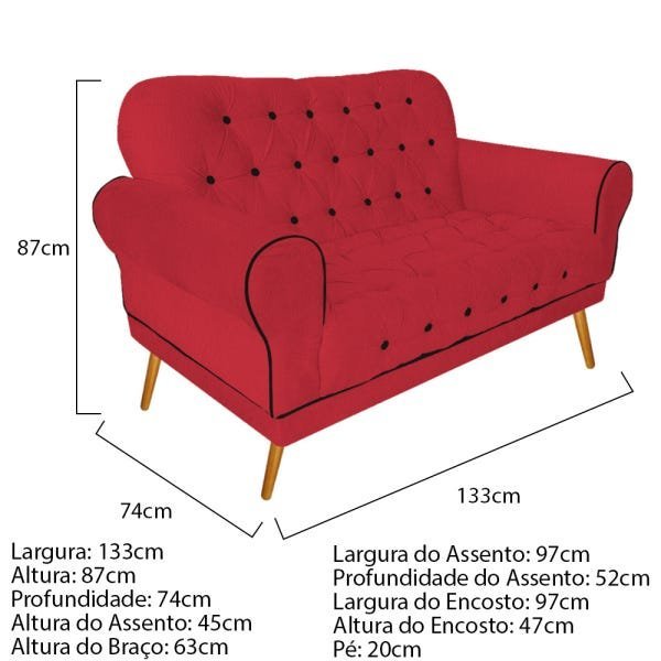 Kit Poltrona, Namoradeira e Puff Mariana Base Giratória de Madeira Suede Vermelho - Amarena Mó - 6