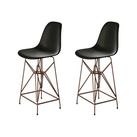 Kit 2 Banquetas Bistrô Alta Eames Eiffel Preta Base Ferro Cobre - Cor: Marrom