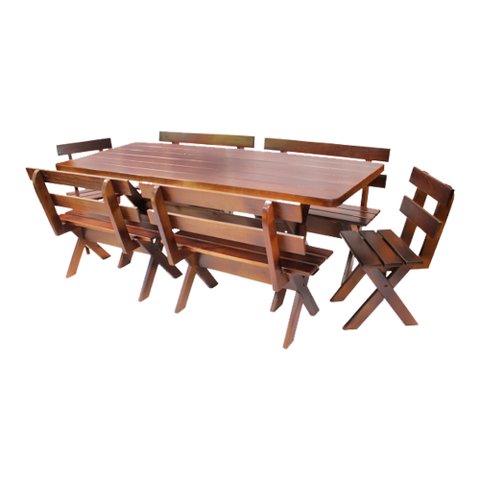 Conjunto Mesa Rústica 2m 4 Bancos e 2 Cadeiras Madeira Maciça Eucalipto Tabaco