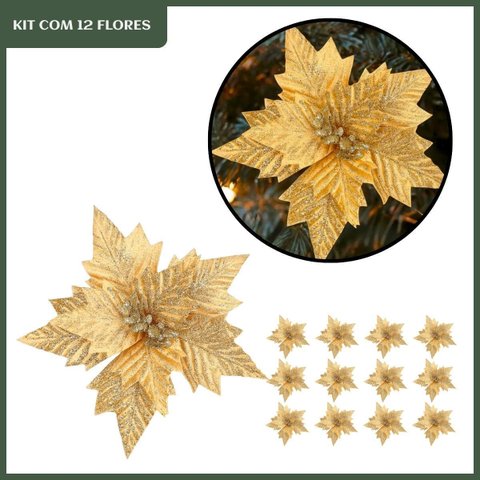 Kit 12 Flores Dourado Artificial Decoração Enfeite Árvore Natal Luxo