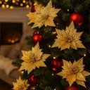 Ver imagem 7 de Kit 12 Flores Dourado Artificial Decoração Enfeite Árvore Natal Luxo