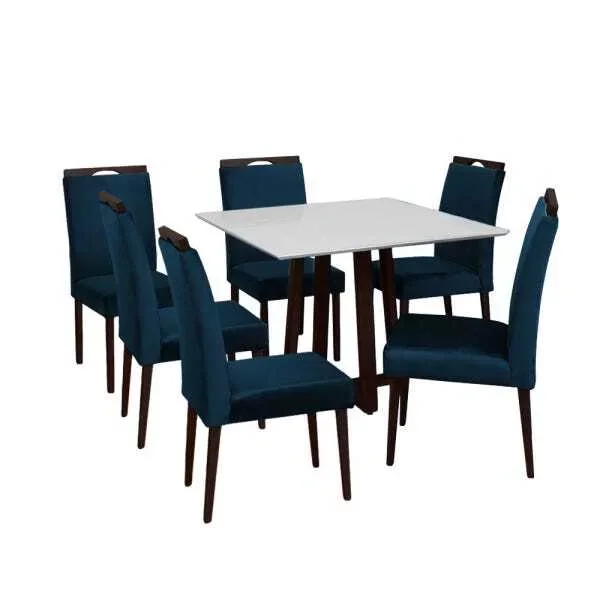 Conjunto Mesa De Jantar Isabel Off White 120x90cm Castanho 6 Cadeiras Estofadas Castanho Com Azul - 2