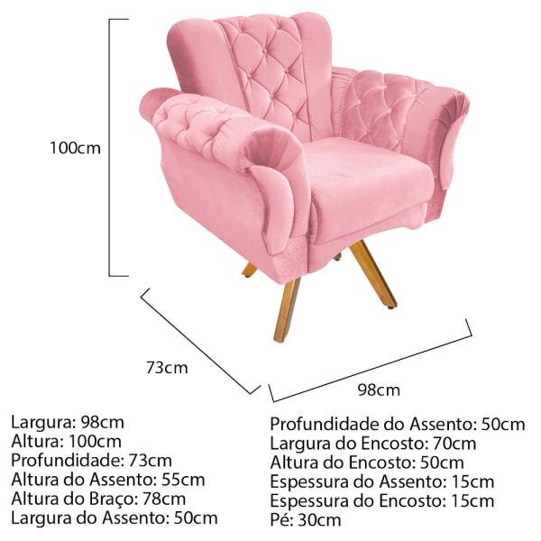 Poltrona Berlim Base Giratória de Madeira Suede Rosa Bebê - Doce Sonho Móveis - 3