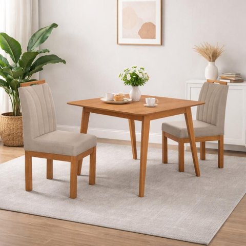 Conjunto Mesa de Jantar 90x90 Mdf e 2 Cadeiras Blend Linho - Bege
