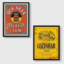 Kit 2 Quadros Cozinha Vermelho e Amarelo 24x18cm - com vidro:Madeira branca - 1