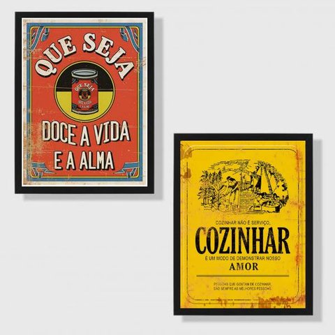 Kit 2 Quadros Cozinha Vermelho e Amarelo 24x18cm - com vidro:Madeira branca