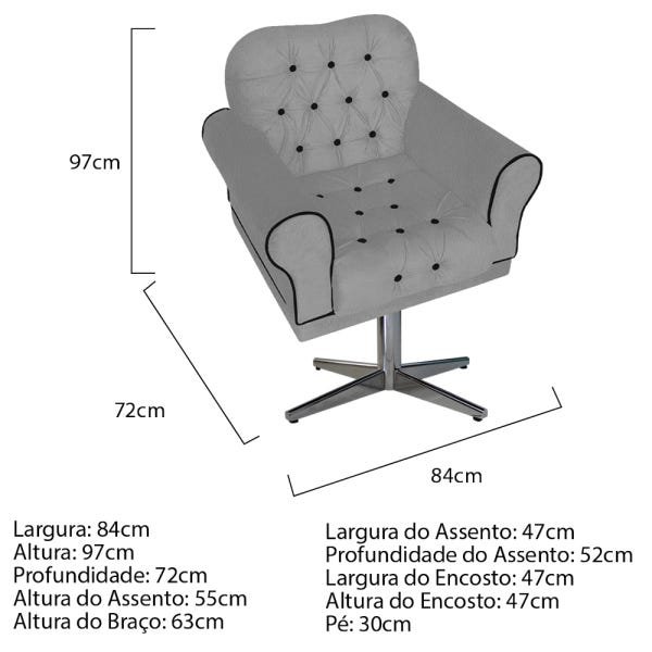 Poltrona Mariana Base Giratória de Metal Suede Cinza - Amarena Móveis - 3