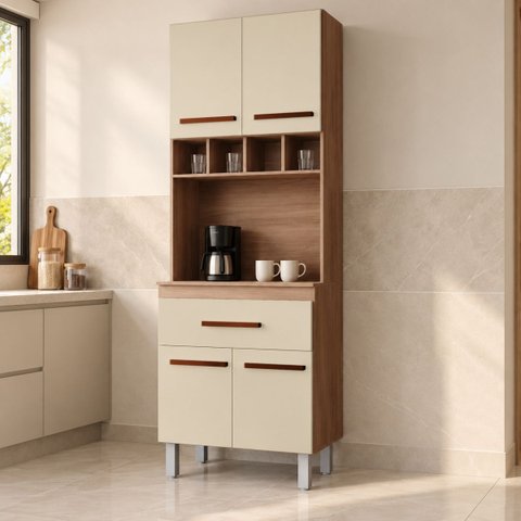 Armário Torre Quente Paneleiro Cozinha 60cm 4 Portas Madeira Cor:Savana Off White