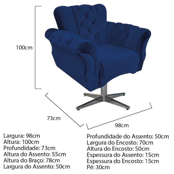 Kit 3 Poltronas Berlim Base Giratória de Metal Suede Azul Marinho - Doce Sonho Móveis - 4