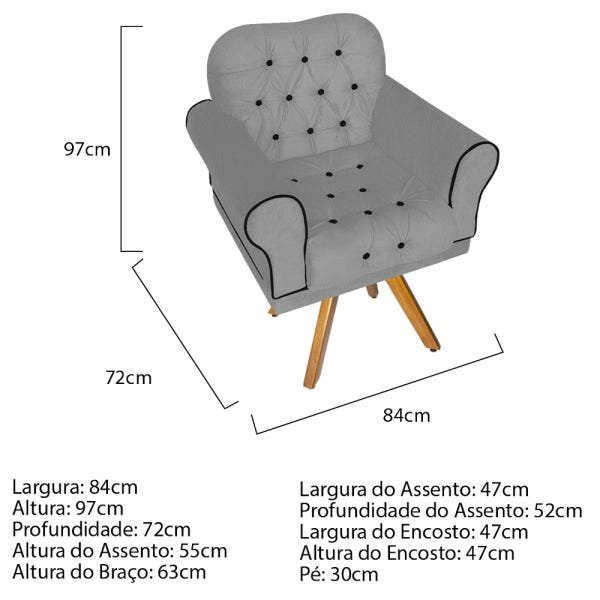 Kit Namoradeira e Poltrona Mariana Base Giratória de Madeira Suede Cinza - Amarena Móveis - 4