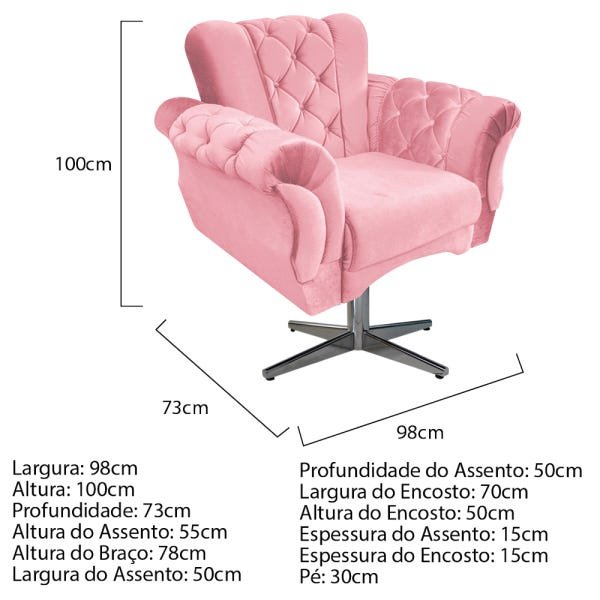 Poltrona Berlim Base Giratória de Metal Suede Rosa Bebê - Doce Sonho Móveis - 3