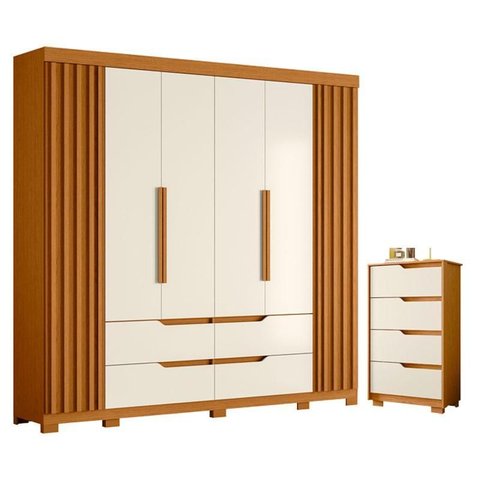 Guarda Roupa Casal Doble 06 Portas e Cômoda Sole 04 Gavetas Flex Cinamomo Off White - Móveis