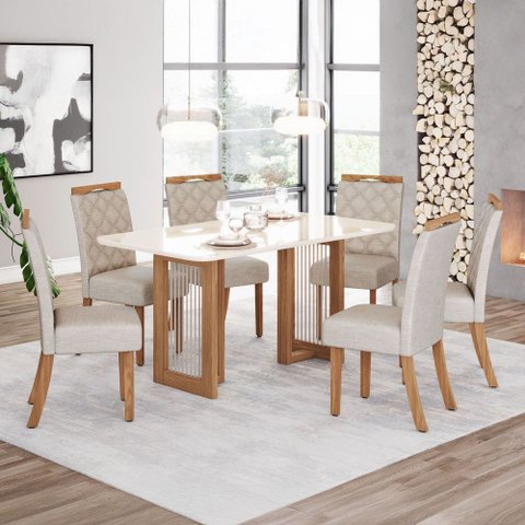Conjunto Sala Jantar Mesa Yara 160 cm Canto Arred c/ Vidro 6 Cadeiras Bella Henn