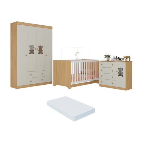 Quarto de Bebê Completo com Berço Americano 3x1 Colchão Teddy Multimóveis Mp4660 Madeirado/off