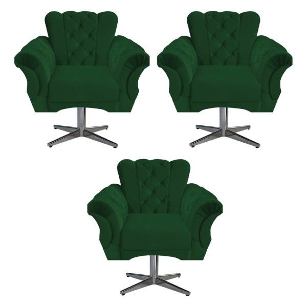 Kit 3 Poltronas Berlim Base Giratória de Metal Suede Verde - Doce Sonho Móveis - 1