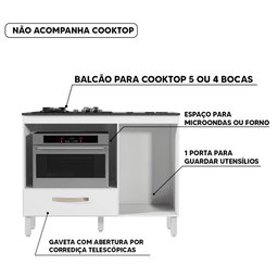 Balcão para Cooktop 4 e 5 Bocas 1 Porta 1 Gaveta Branco Fit Nicioli - 6