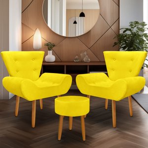 Kit 2 Poltrona Emilia +puff Redondo Decorativo:amarelo
