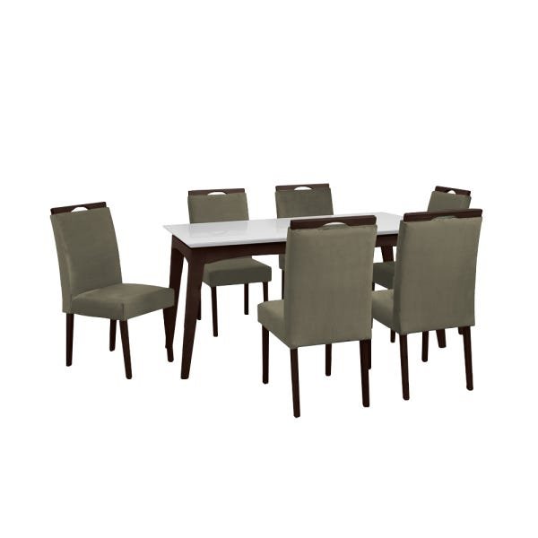 Conjunto Mesa de Jantar Off White 160x90cm Castanho 6 Cadeiras Estofadas Capuccino - 1