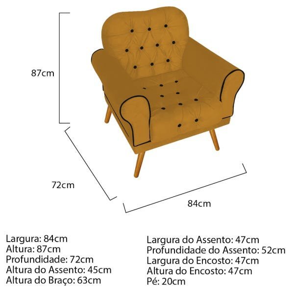 Kit 2 Poltronas e 1 Namoradeira Decorativa Mariana Suede Mostarda - Doce Sonho Móveis - 4