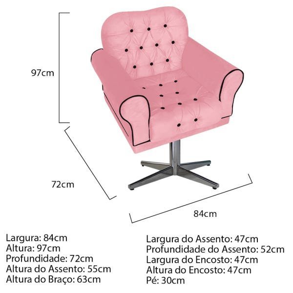 Kit 2 Poltronas Base Giratória de Metal e 1 Namoradeira Mariana Suede Rosa Bebê - Doce Sonho M - 4