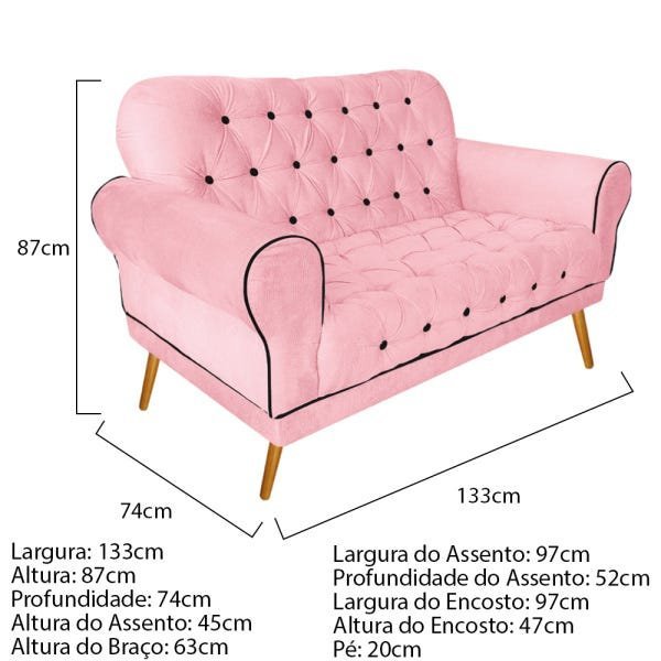 Kit 2 Poltronas Base Giratória de Metal e 1 Namoradeira Mariana Suede Rosa Bebê - Doce Sonho M - 5