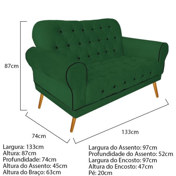 Kit 2 Poltronas, 1 Namoradeira e 1 Puff Mariana Suede Verde - Doce Sonho Móveis - 6