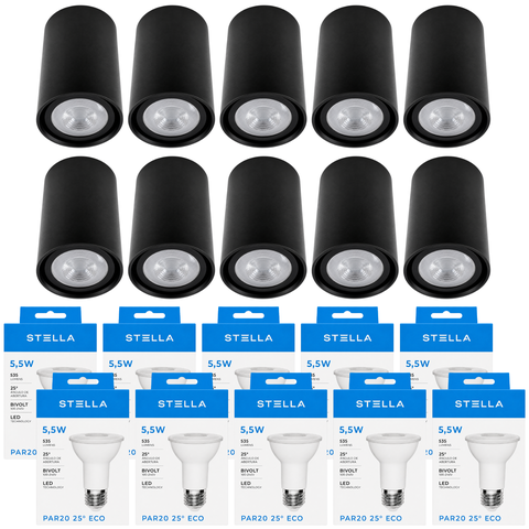 Kit 10 Spot Sobrepor Redondo PAR20 Direcionável Fachada Beiral Teto Preto + LED PAR20 5,5W Stella