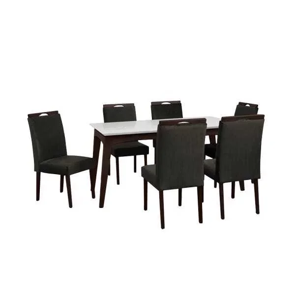 Conjunto Mesa De Jantar Off White 160x90cm 3D Castanho 6 Cadeiras Estofadas Castanho Marrom - 2