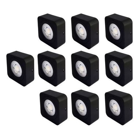 Kit 10 Spot Led Quadrado Fixo Sobrepor 5w 3 Opções de Luz - Preto Branco Frio - 127/220v