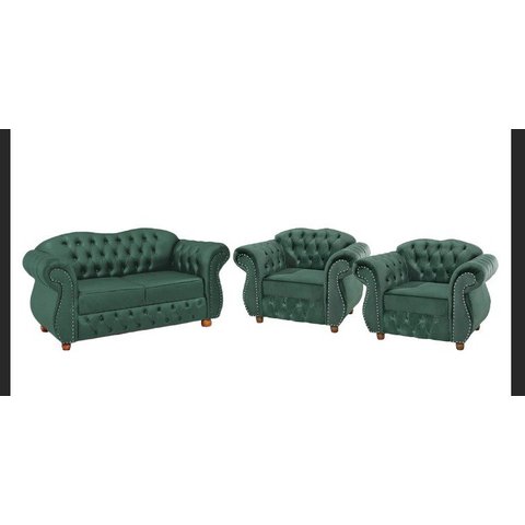 Conjunto 1 Namoradeira + 2 Poltronas Chesterfield Merlô Suede Verde Musgo / Decoração, barbearia, sa
