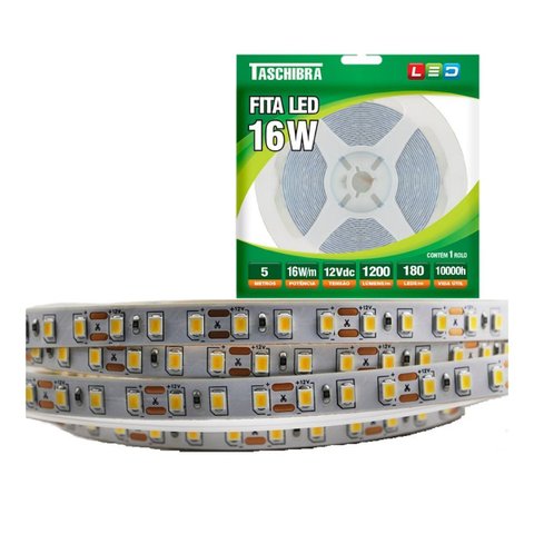 Fita de Led com 5 Metros Taschibra 180 Leds/m 16w 12v Ip20 Luz Quente