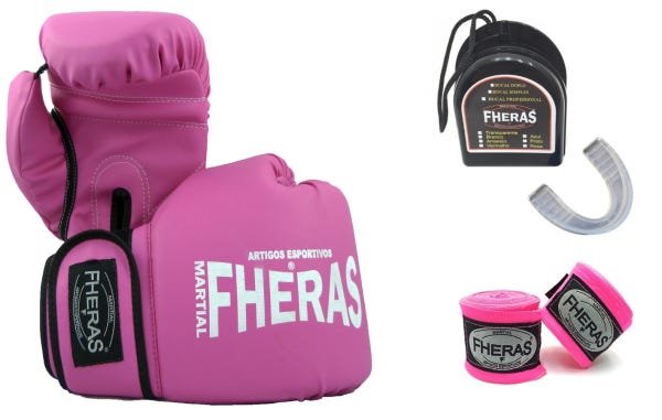 Kit Boxe Muay Thai Fheras Luva Bandagem Bucal 10Oz Rosa - 1