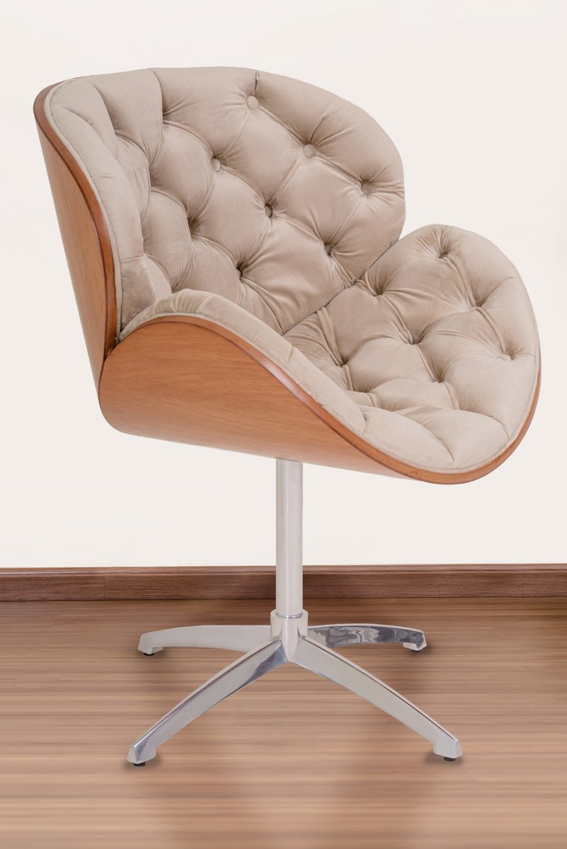 Poltrona Decorativa Bella Laminada Pé Giratório de Alumínio Capitonê Cor:bege