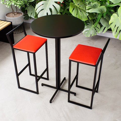 Conjunto Mesa Alta Bistrô Redonda Preta 2 Banquetas Confort Estofado Industrial  Don Castro