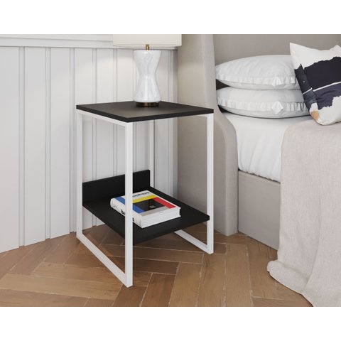 Mesa Cabeceira Industrial Tókio Base Ferro Branco Tampo Preto