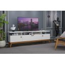 Ver imagem 1 de Rack ABS 1.80m Estilo Retrô Com Pés em Madeira e Puxadores em Couro Para TV Até 70'' 3 Portas Cor Br