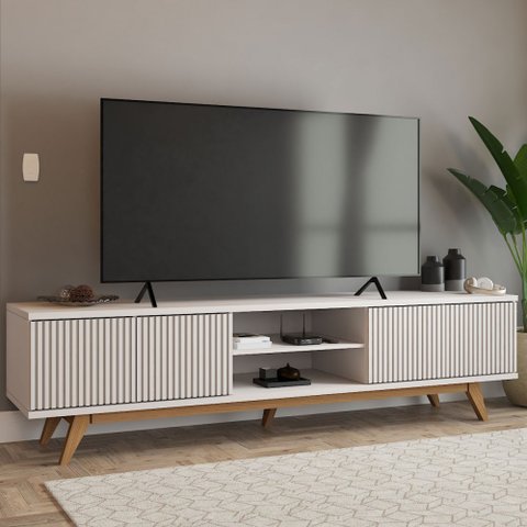 Rack para Tv até 75 Polegadas Silver 4 Portas 1 Prateleira Ripado Cinamomo/off White - Panorama Móve