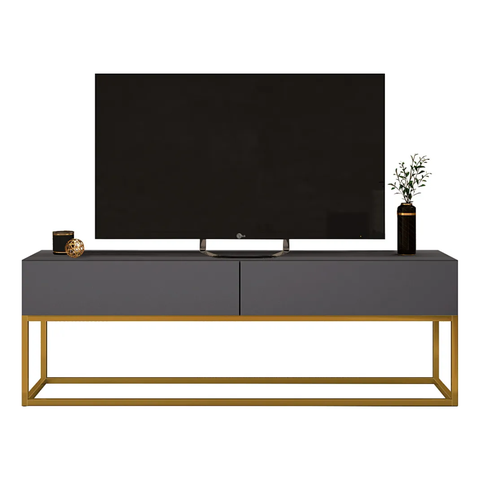 Rack Eros 140cm com Base Metálica Industrial Minimalista com Gavetas:cinza/dourado